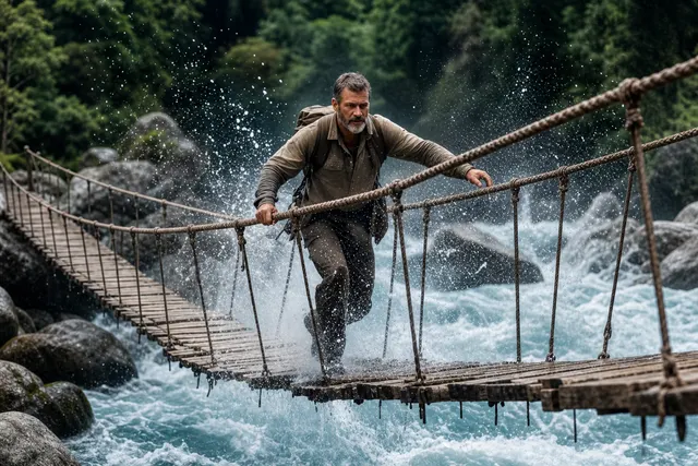 Bearded Man Runs Across a Wooden Plank and Rope Suspension Bridge