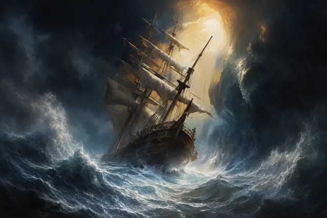 Old Sailing Ship Moving Through a Giant Storm Wave Tunnel, Violent
